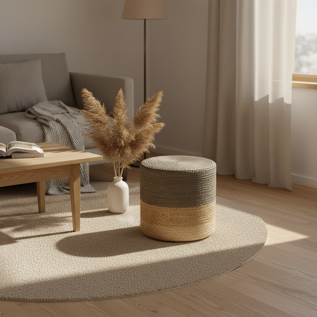Jute Pouf in Boho Living Room
